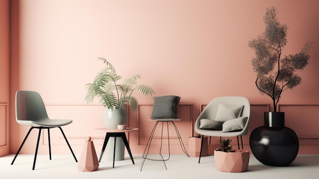 A living room with a pink wall and a black chair.