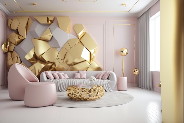 A living room with a pink wall and a gold wall with a pink and gold design