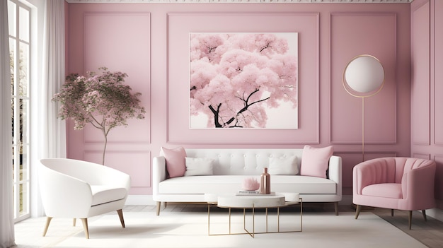 A living room with a pink wall and a large picture of a tree with a pink flower.