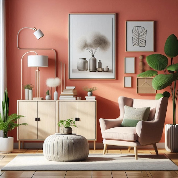 a living room with a pink wall and a plant in the corner