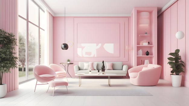 A living room with a pink wall and a sofa with a coffee table and a lamp.