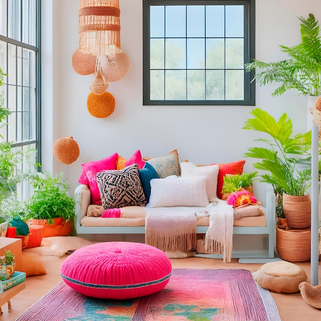 A living room with a pink and white couch a pink cushion a green plant and a large window