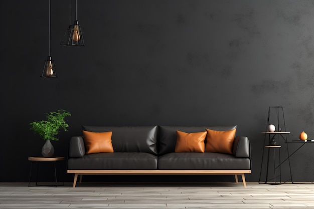 Living room with plain black sofa and gray walls