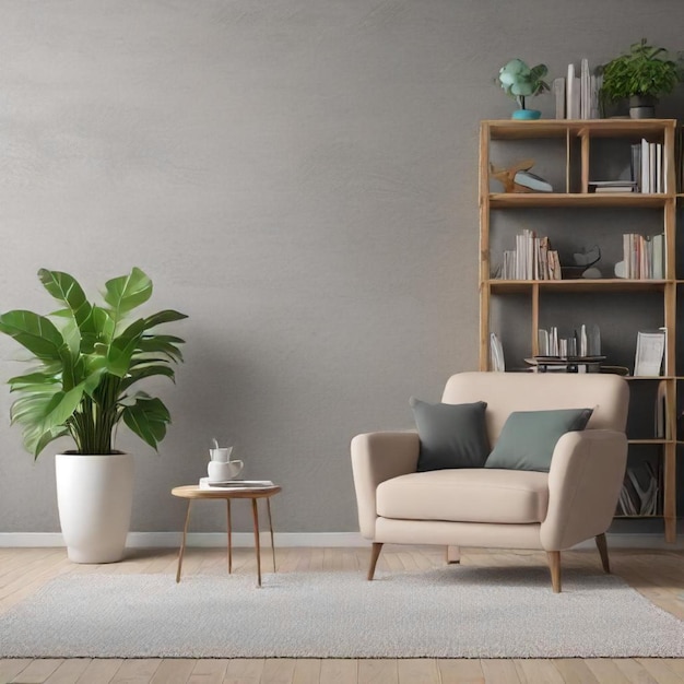 a living room with a plant and a chair with a plant in the corner