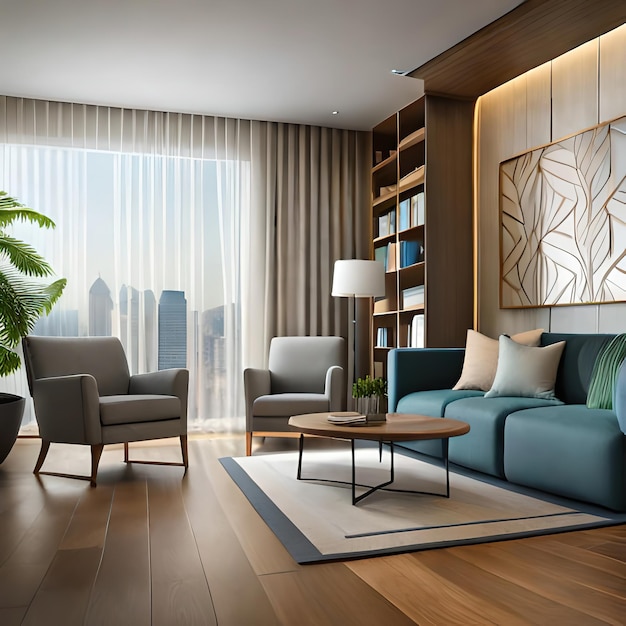 A living room with a plant in the corner and a couch with a blue and white pillow on it.