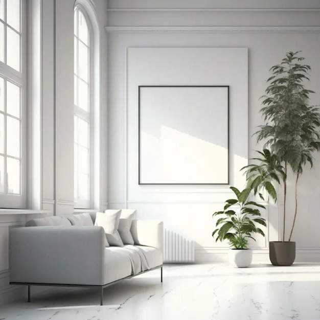 A living room with a plant and a couch in it