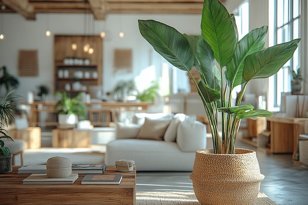 Photo a living room with a plant in the middle of it