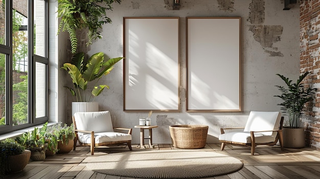 a living room with a plant and a picture of a plant