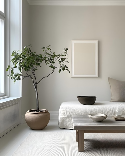 Photo a living room with a plant and a picture on the wall