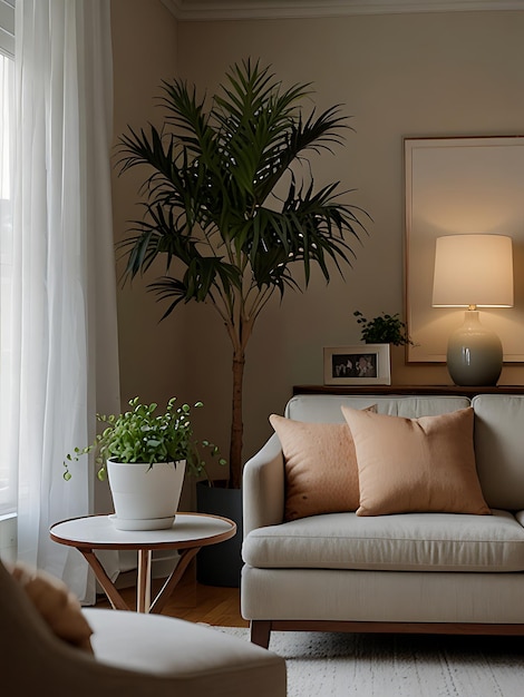 a living room with a plant and a potted plant