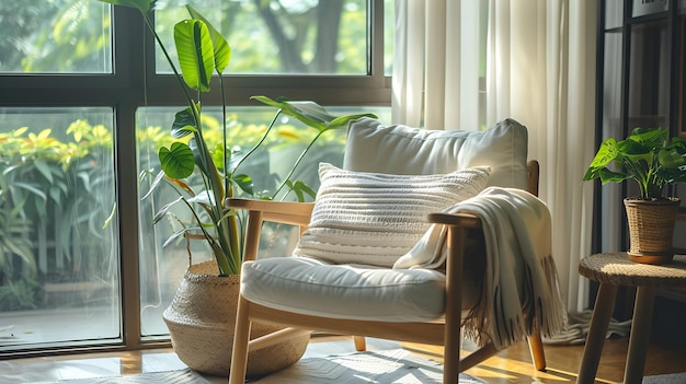 a living room with a plant and a potted plant