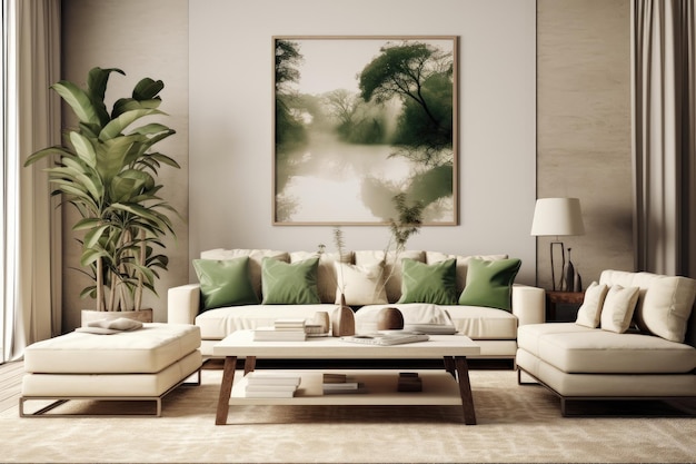 A living room with a plant on the wall and a large painting on the wall.