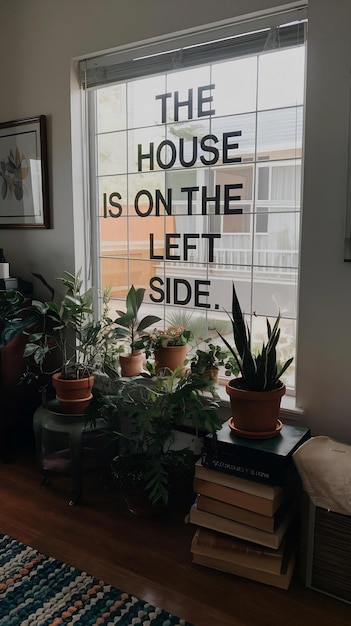 Photo a living room with plants and a window that saysthe house is on the left side