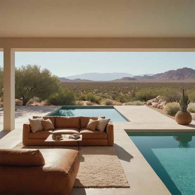 Photo a living room with a pool and a couch with pillows and a pool in the background