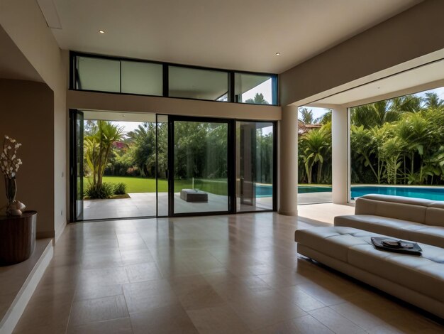 a living room with a pool and a large glass door