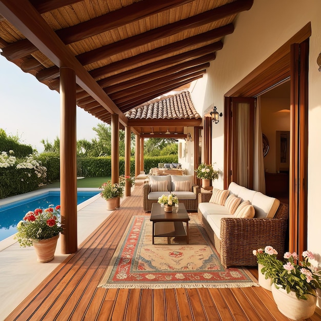 a living room with a pool and a table with chairs and a pool in the background