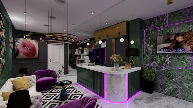 A living room with purple chairs and a white counter with purple lights.