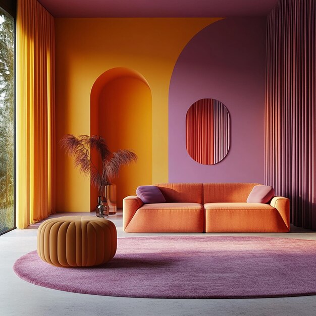 a living room with a purple couch and orange walls