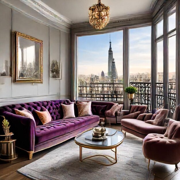 Photo a living room with a purple couch and a table with a large window that sayscityon it