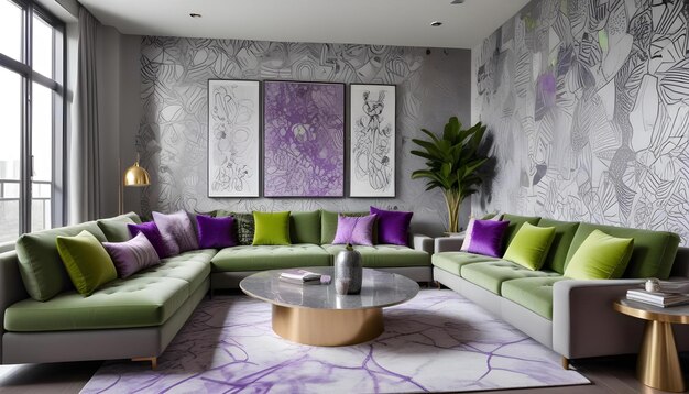 Photo a living room with a purple couch and a table with purple and green pillows