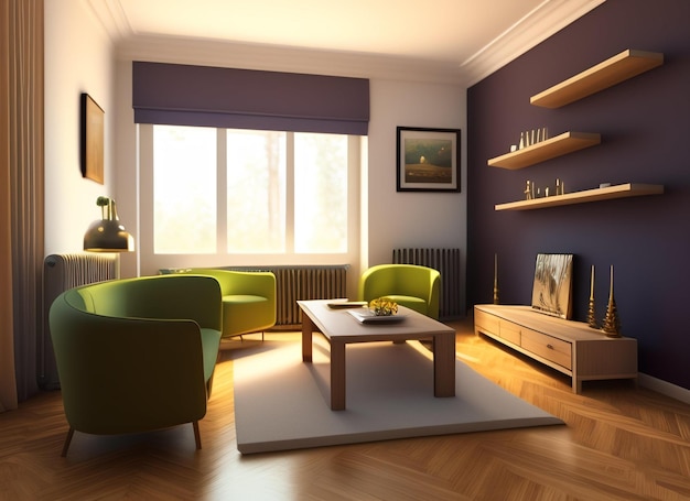 A living room with a purple curtain and green chairs and a coffee table.