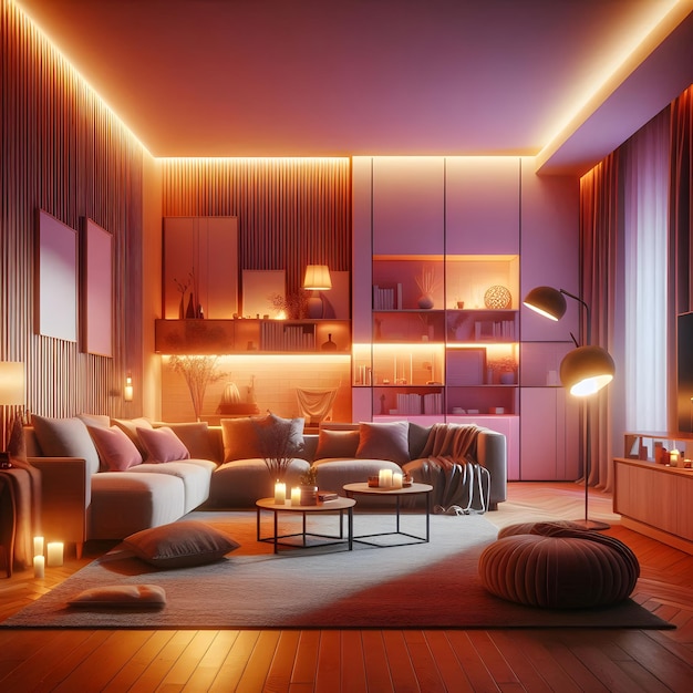 a living room with a purple wall and a couch with a lamp on it