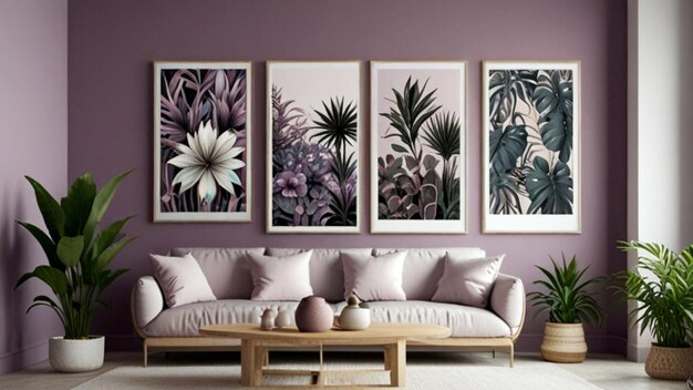 a living room with a purple wall with pictures of plants and flowers