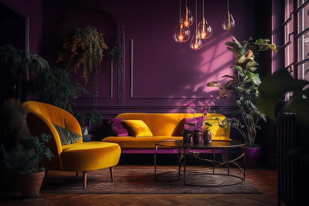 A living room with a purple wall and a yellow sofa with a glass coffee table