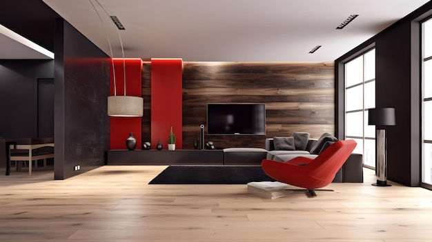 A living room with a red chair and a tv on the wall