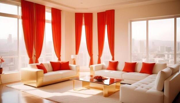 a living room with a red couch and a coffee table