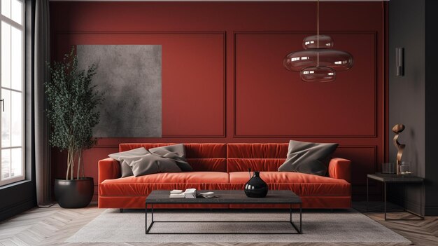 A living room with a red couch and a glass table