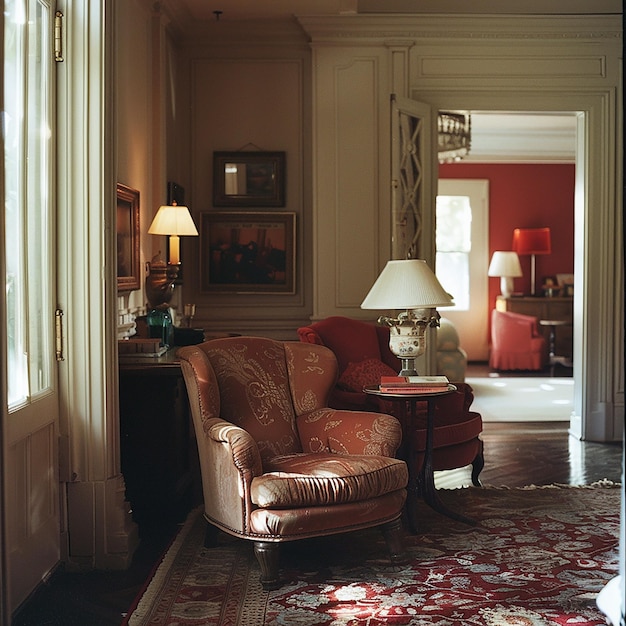 a living room with a red couch and a lamp on a table