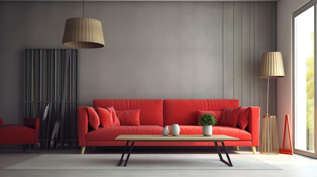 A living room with a red couch and a lamp