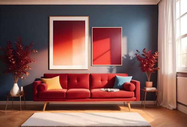 a living room with a red couch and a painting on the wall