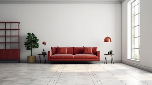 A living room with a red couch and a plant on the wall.