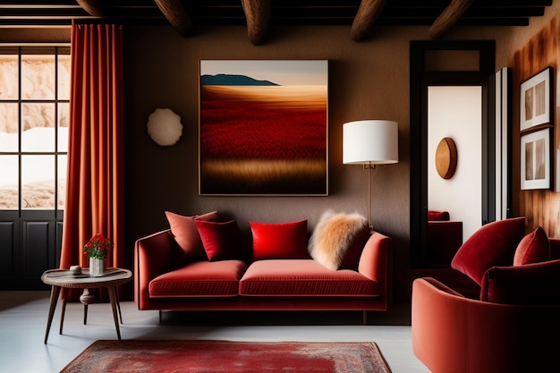 A living room with a red couch and a red couch with a large painting on the wall.