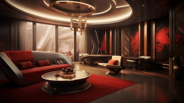 A living room with a red couch and a red rug.