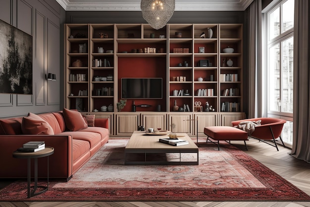 A living room with a red couch and a red rug.