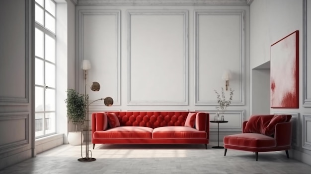 A living room with a red couch and a white wall with a large frame that says " the word " on it.