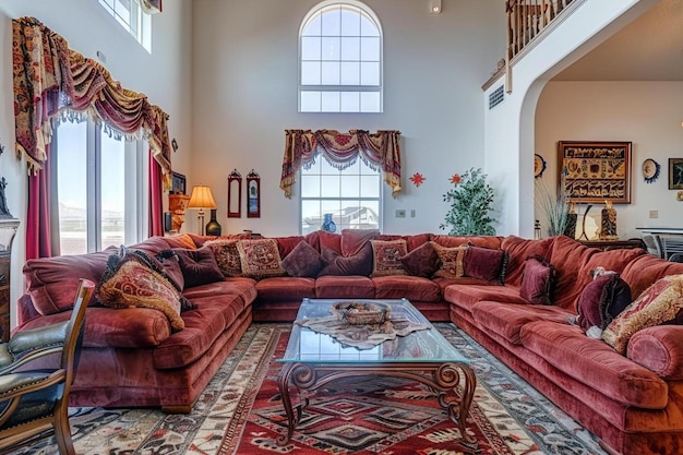 A living room with a red couch and a window