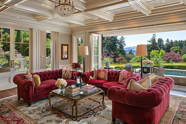 A living room with a red couch and a window