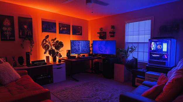 Photo a living room with a red and orange wall and two monitors