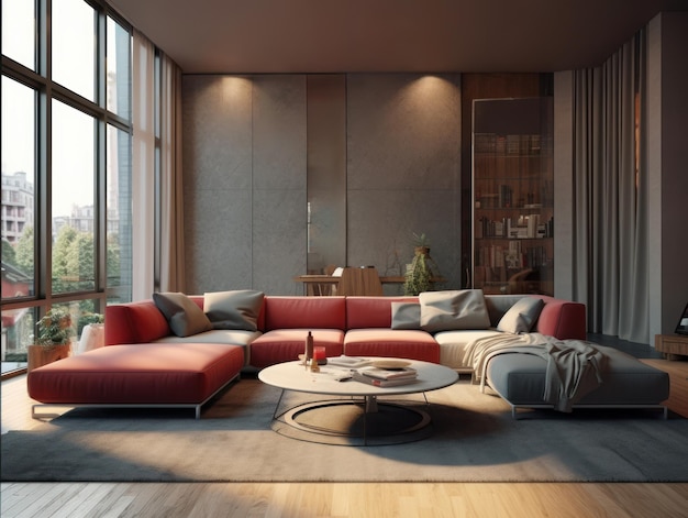 A living room with a red sofa and a large window.