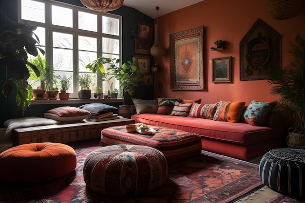 A living room with a red sofa and a red couch with pillows and a window with a plant on it.