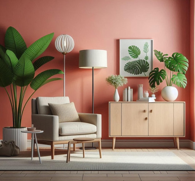 a living room with a red wall and a plant with a green plant in the corner