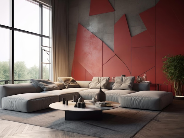 A living room with a red wall that has a red wall that has a red and grey pattern on it.