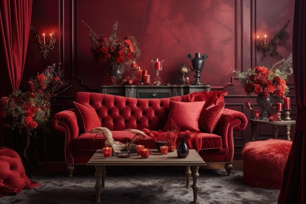 A living room with red walls and a sofa with red pillows and a red couch Generative AI