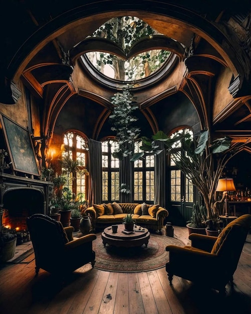 A living room with a round table and chairs and a large window with a heart shaped tree in the middle.