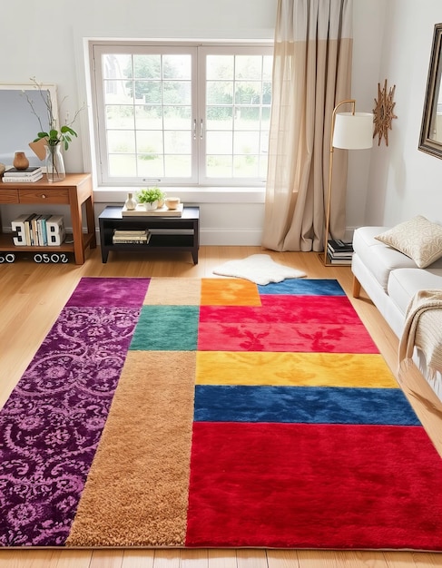 a living room with a rug that says  the word  on it