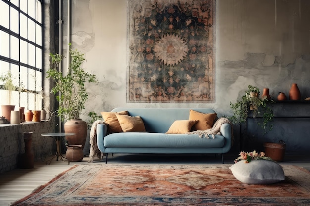 living room with rug vintage decorated furniture professional advertising photography